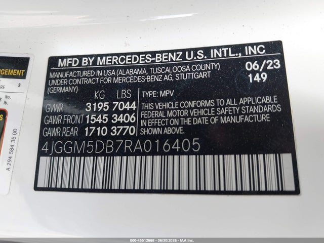 Aukcja sprzedaży 2024 Mercedes-benz Amg Eqe Suv 4matic, vin: 4JGGM5DB7RA016405, numer aukcji: 45512668