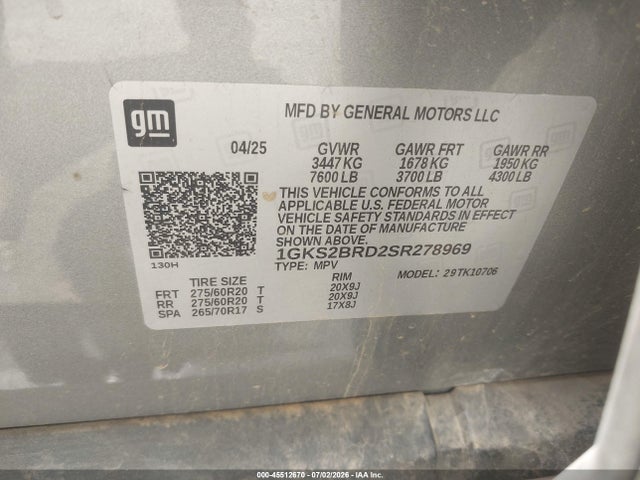 Продажа на аукционе авто 2025 Gmc Yukon 4wd Elevation, vin: 1GKS2BRD2SR278969, номер лота: 45512670