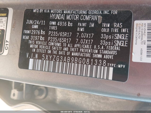 Auction sale of the 2011 Hyundai Santa Fe Gls, vin: 5XYZG3AB9BG081338, lot number: 45512675