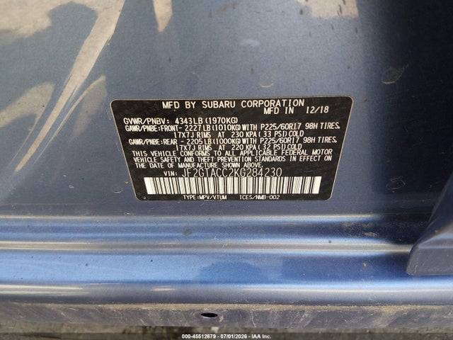Продаж на аукціоні авто 2019 Subaru Crosstrek 2.0i Premium, vin: JF2GTACC2KG284230, номер лоту: 45512679
