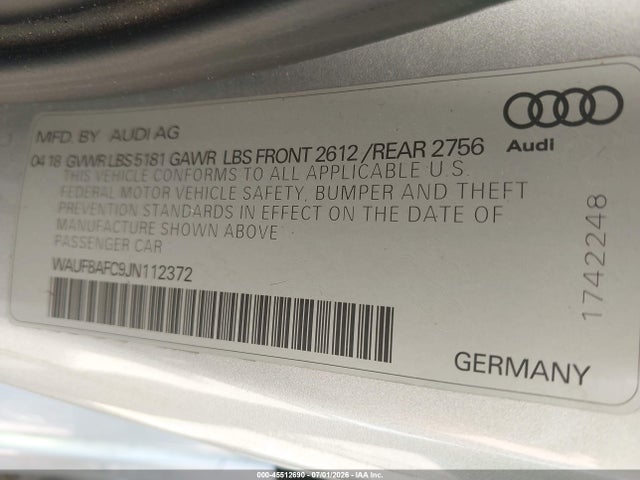 45512690 :رقم المزاد ، WAUF8AFC9JN112372 vin ، 2018 Audi A6 2.0t Premium/2.0t Sport مزاد بيع
