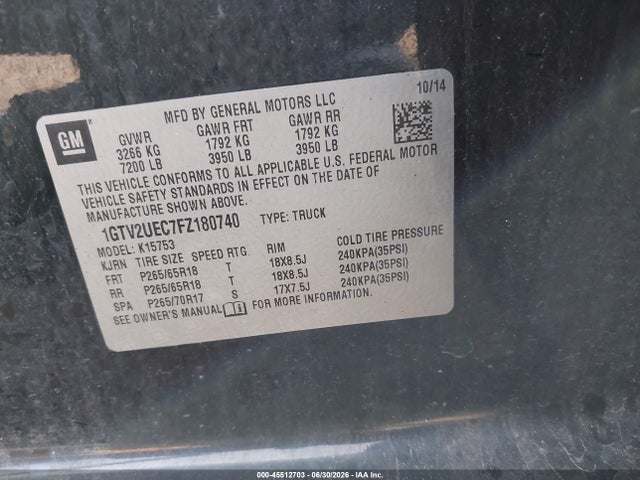 Aukcja sprzedaży 2015 Gmc Sierra 1500 Sle, vin: 1GTV2UEC7FZ180740, numer aukcji: 45512703