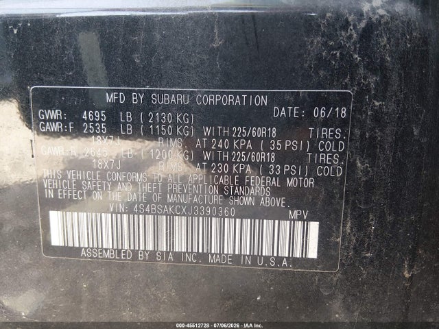 Продаж на аукціоні авто 2018 Subaru Outback 2.5i Limited, vin: 4S4BSAKCXJ3390360, номер лоту: 45512728
