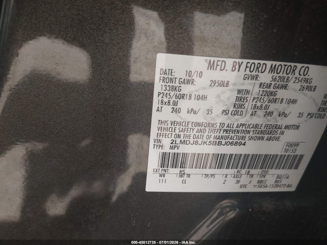 Продаж на аукціоні авто 2011 Lincoln Mkx, vin: 2LMDJ8JK5BBJ06894, номер лоту: 45512735