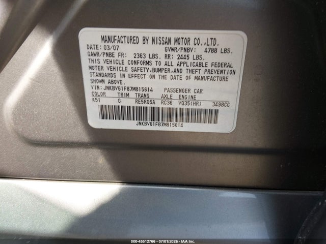 Продажа на аукционе авто 2007 Infiniti G35x, vin: JNKBV61F87M815614, номер лота: 45512766