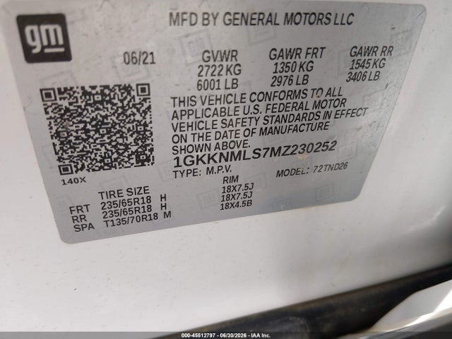 Продаж на аукціоні авто 2021 Gmc Acadia Fwd Slt, vin: 1GKKNMLS7MZ230252, номер лоту: 45512797
