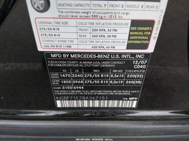 45512804 :رقم المزاد ، 4JGBF71E78A367151 vin ، 2008 Mercedes-benz Gl-class 4.6l مزاد بيع
