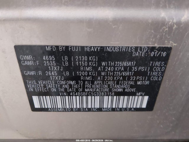 Продажа на аукционе авто 2016 Subaru Outback 2.5i Premium, vin: 4S4BSBFC5G3283158, номер лота: 45512810