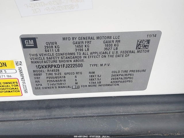 Aukcja sprzedaży 2015 Gmc Acadia Sle-2, vin: 1GKKRPKD1FJ222500, numer aukcji: 45512842