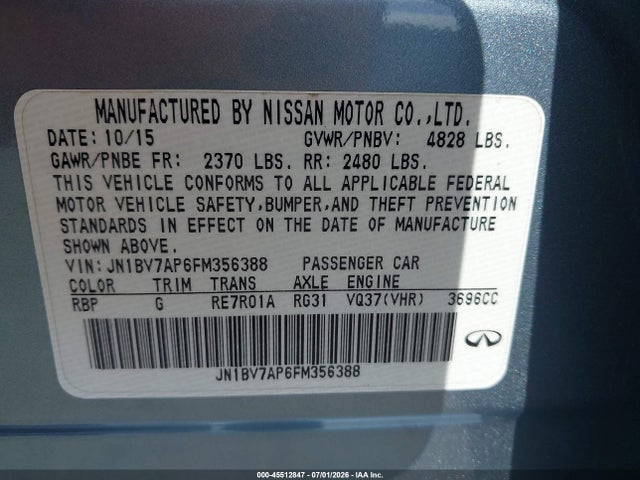 Aukcja sprzedaży 2015 Infiniti Q50, vin: JN1BV7AP6FM356388, numer aukcji: 45512847