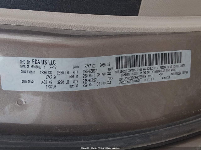 2017 Chrysler Pacifica Touring მანქანა იყიდება აუქციონზე, vin: 2C4RC1DG3HR708918, აუქციონის ნომერი: 45512849