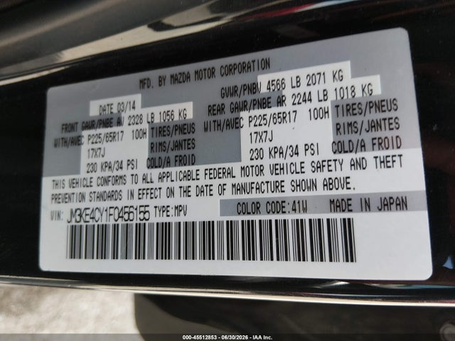 45512853 :رقم المزاد ، JM3KE4CY1F0456155 vin ، 2015 Mazda Cx-5 Touring مزاد بيع
