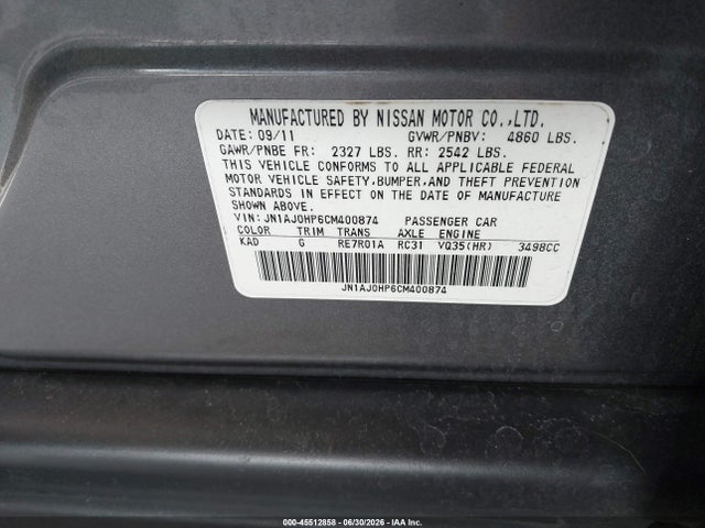 Продаж на аукціоні авто 2012 Infiniti Ex35 Journey, vin: JN1AJ0HP6CM400874, номер лоту: 45512858