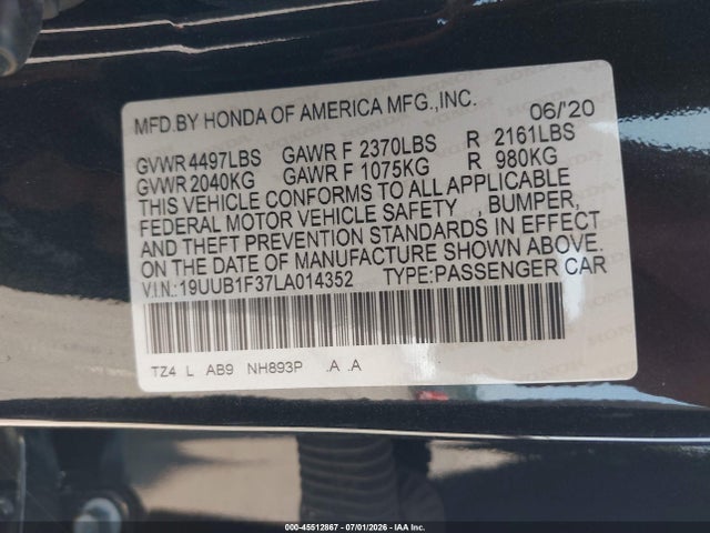 2020 Acura Tlx Standard მანქანა იყიდება აუქციონზე, vin: 19UUB1F37LA014352, აუქციონის ნომერი: 45512867