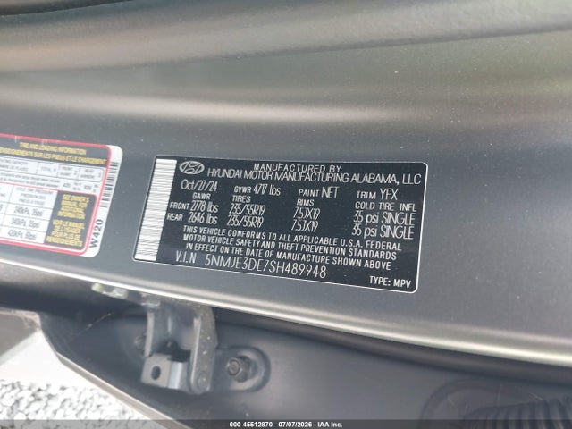 2025 Hyundai Tucson Limited მანქანა იყიდება აუქციონზე, vin: 5NMJE3DE7SH489948, აუქციონის ნომერი: 45512870