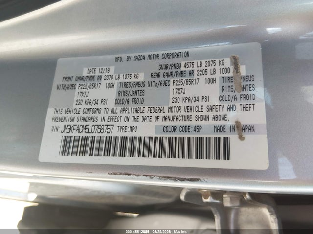 2020 Mazda Cx-5 Touring მანქანა იყიდება აუქციონზე, vin: JM3KFACM5L0768757, აუქციონის ნომერი: 45512885