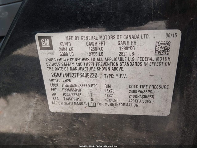 45512894 :رقم المزاد ، 2GKFLWE37F6409222 vin ، 2015 Gmc Terrain Sle-2 مزاد بيع