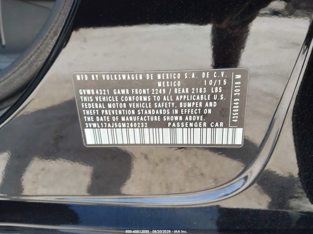 2016 Volkswagen Jetta 1.8t Sel მანქანა იყიდება აუქციონზე, vin: 3VWL17AJ5GM260232, აუქციონის ნომერი: 45512898