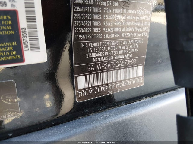 45512913 :رقم المزاد ، SALWR2VF3GA573593 vin ، 2016 Land Rover Range Rover Sport 3.0l V6 Supercharged Hse مزاد بيع