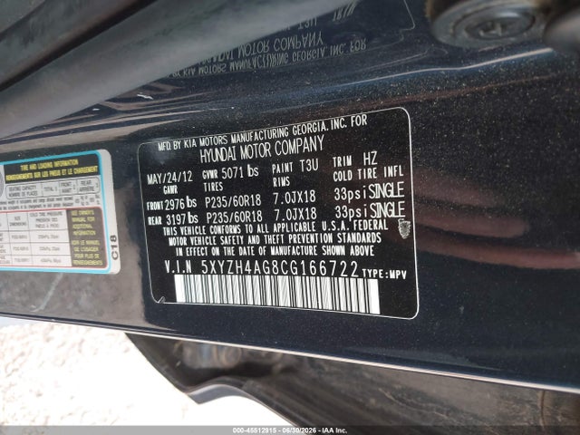 45512915 :رقم المزاد ، 5XYZH4AG8CG166722 vin ، 2012 Hyundai Santa Fe Se مزاد بيع