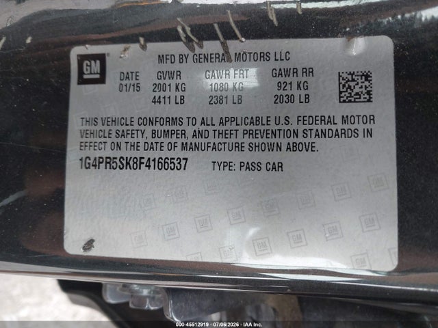 2015 Buick Verano Convenience Group მანქანა იყიდება აუქციონზე, vin: 1G4PR5SK8F4166537, აუქციონის ნომერი: 45512919