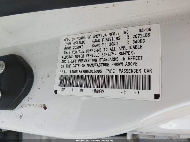 45512937 :رقم المزاد ، 19UUA66296A045095 vin ، 2006 Acura Tl مزاد بيع
