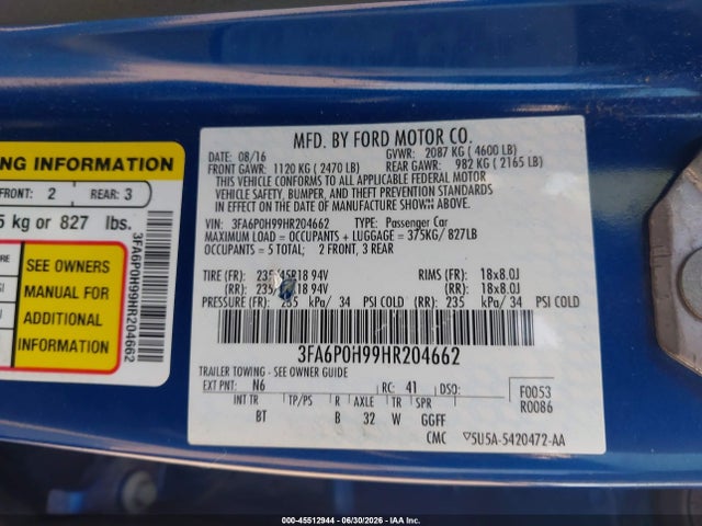Aukcja sprzedaży 2017 Ford Fusion Se, vin: 3FA6P0H99HR204662, numer aukcji: 45512944