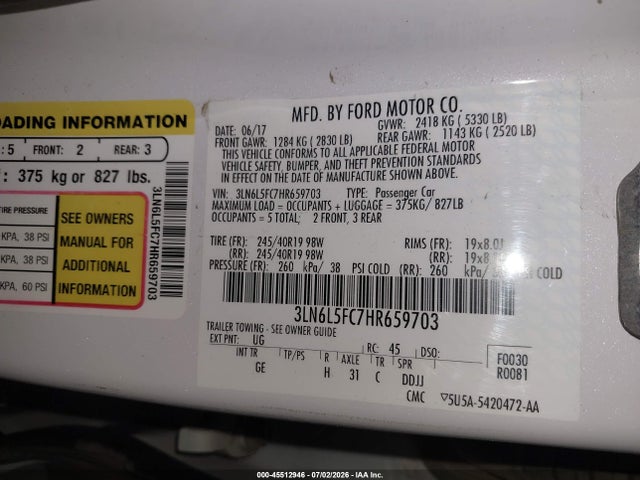 Aukcja sprzedaży 2017 Lincoln Mkz Reserve, vin: 3LN6L5FC7HR659703, numer aukcji: 45512946