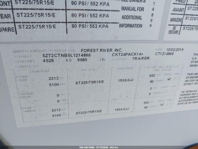 Продаж на аукціоні авто 2020 Forest River Other, vin: 5ZT2CTNB0L1214866, номер лоту: 45512958