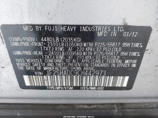 2012 Subaru Forester 2.5x Premium მანქანა იყიდება აუქციონზე, vin: JF2SHADC9CH442973, აუქციონის ნომერი: 45512965
