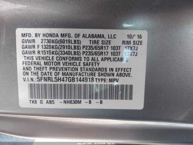 2016 Honda Odyssey Ex მანქანა იყიდება აუქციონზე, vin: 5FNRL5H47GB144918, აუქციონის ნომერი: 45512993
