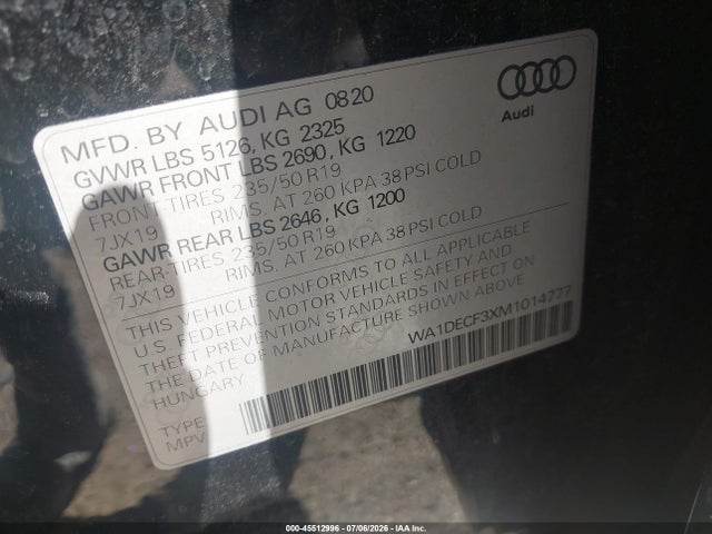 45512996 :رقم المزاد ، WA1DECF3XM1014777 vin ، 2021 Audi Q3 Premium 45 Tfsi S Line Quattro Tiptronic مزاد بيع