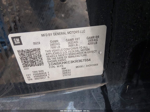 2019 Chevrolet Suburban Lt მანქანა იყიდება აუქციონზე, vin: 1GNSKHKC3KR367554, აუქციონის ნომერი: 45513015