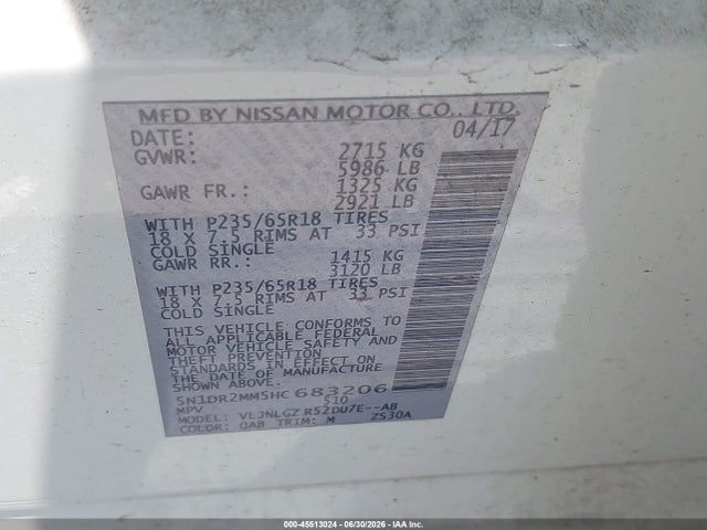 Продажа на аукционе авто 2017 Nissan Pathfinder Sl, vin: 5N1DR2MM5HC683206, номер лота: 45513024