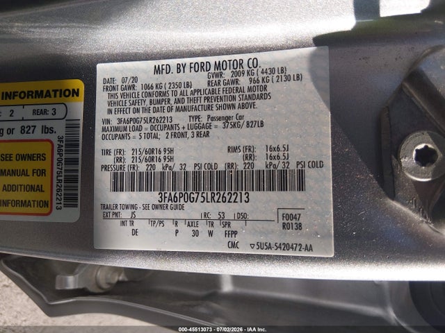 Aukcja sprzedaży 2020 Ford Fusion S, vin: 3FA6P0G75LR262213, numer aukcji: 45513073