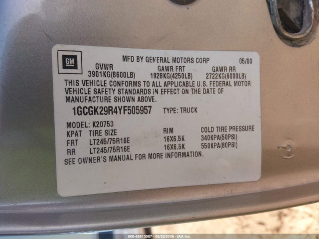 45513087 :رقم المزاد ، 1GCGK29R4YF505957 vin ، 2000 Chevrolet K2500 مزاد بيع