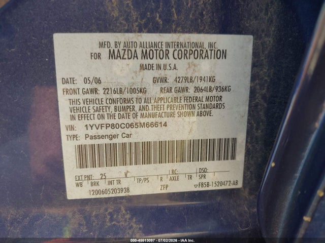 Aukcja sprzedaży 2006 Mazda Mazda6 I, vin: 1YVFP80C065M66614, numer aukcji: 45513097