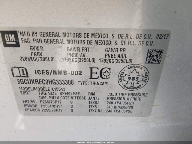 45513108 :رقم المزاد ، 3GCUKREC0HG333308 vin ، 2017 Chevrolet Silverado 1500 Lt مزاد بيع