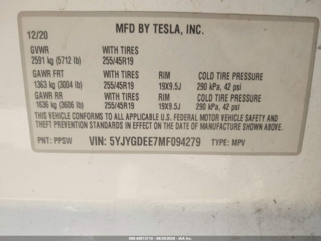 Продаж на аукціоні авто 2021 Tesla Model Y Long Range Dual Motor All-wheel Drive, vin: 5YJYGDEE7MF094279, номер лоту: 45513118