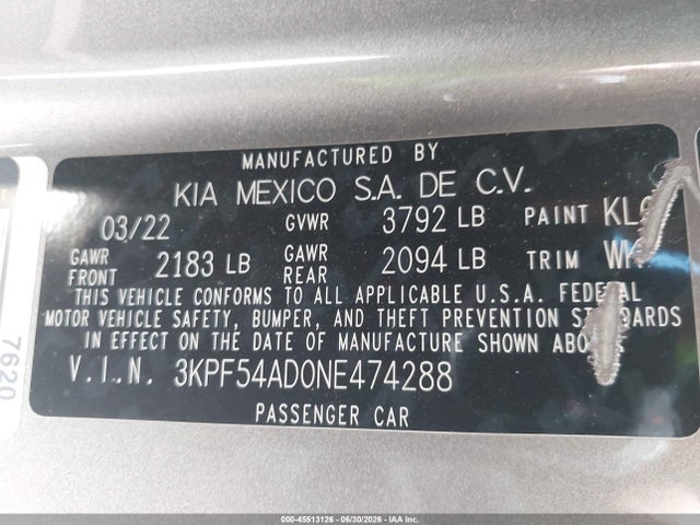 Продаж на аукціоні авто 2022 Kia Forte Gt-line, vin: 3KPF54AD0NE474288, номер лоту: 45513126