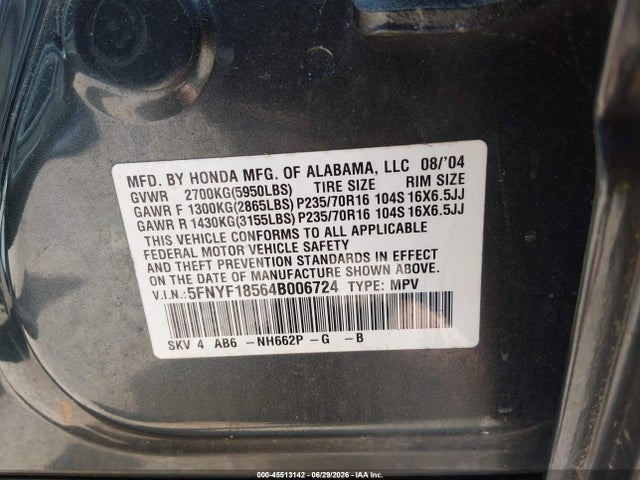 45513142 :رقم المزاد ، 5FNYF18564B006724 vin ، 2004 Honda Pilot Ex-l مزاد بيع