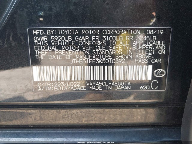 Продажа на аукционе авто 2019 Lexus Ls 500, vin: JTHB51FF3K5010392, номер лота: 45513150