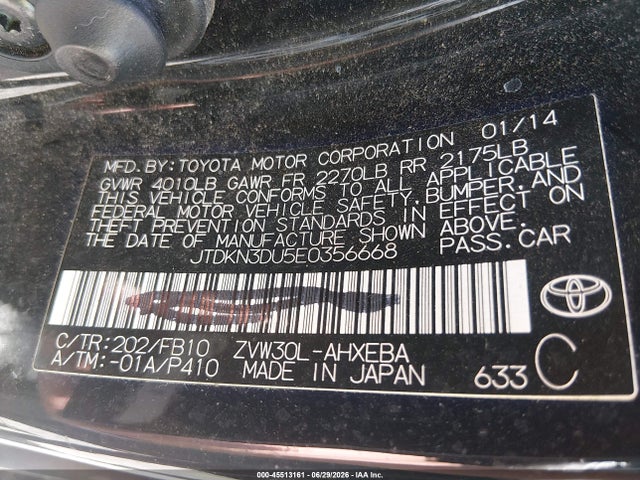 Toyota Prius Two 2014 JTDKN3DU5E0356668 Image 9