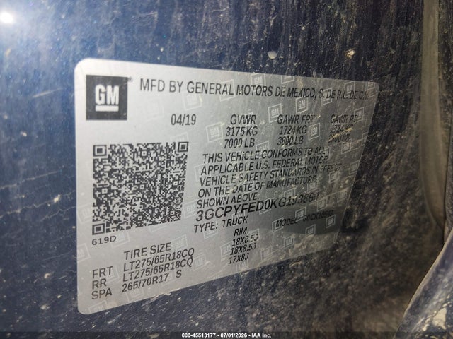 Aukcja sprzedaży 2019 Chevrolet Silverado 1500 Lt Trail Boss, vin: 3GCPYFED0KG198860, numer aukcji: 45513177