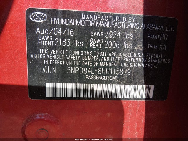 45513212 :رقم المزاد ، 5NPD84LF8HH115879 vin ، 2017 Hyundai Elantra Se مزاد بيع