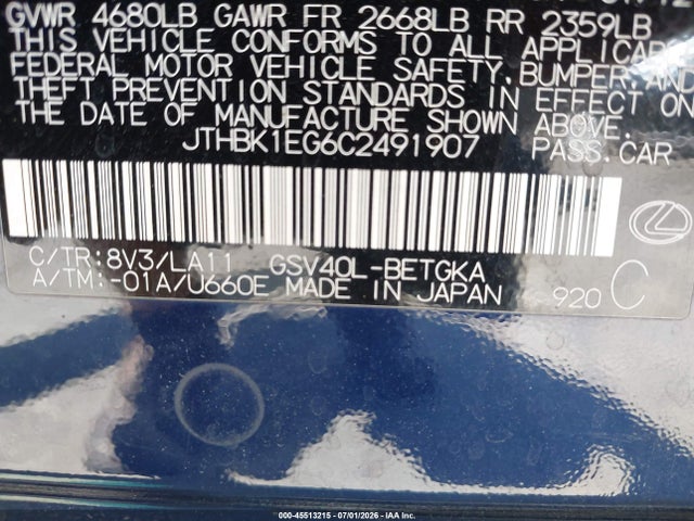 45513215 :رقم المزاد ، JTHBK1EG6C2491907 vin ، 2012 Lexus Es 350 مزاد بيع
