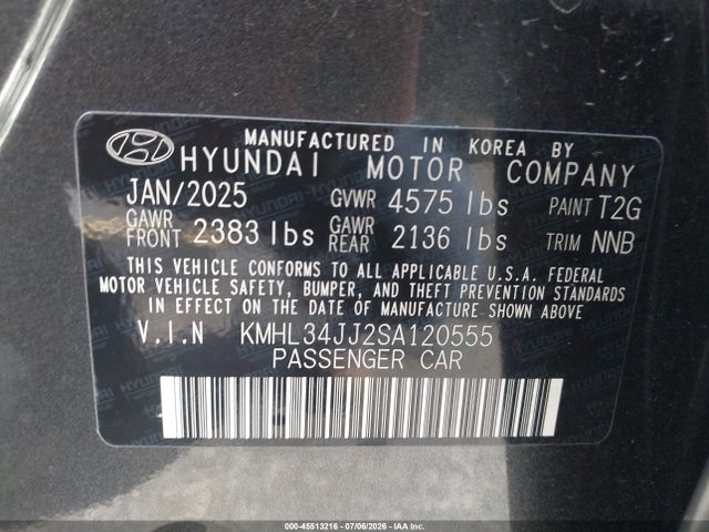 45513216 :رقم المزاد ، KMHL34JJ2SA120555 vin ، 2025 Hyundai Sonata Hybrid Sel مزاد بيع