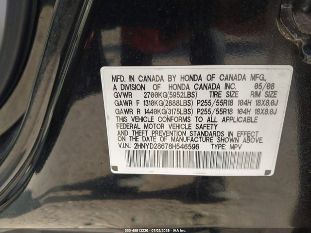 45513220 :رقم المزاد ، 2HNYD28678H546596 vin ، 2008 Acura Mdx Technology Package مزاد بيع