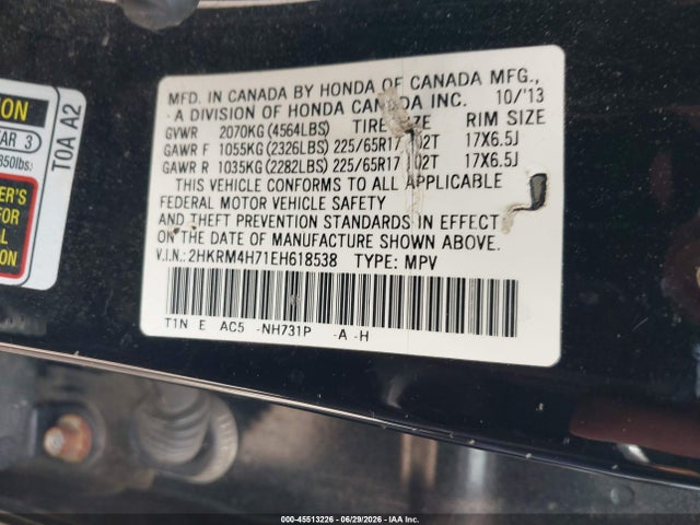 2HKRM4H71EH618538 Honda Cr-v Ex-l