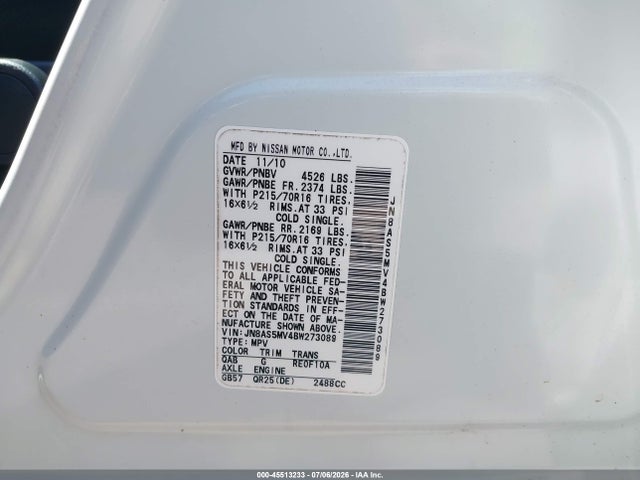 Aukcja sprzedaży 2011 Nissan Rogue S, vin: JN8AS5MV4BW273089, numer aukcji: 45513233